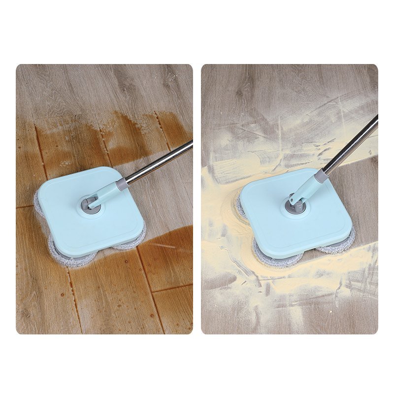Two floor shots of the rounded-square spin mop on wet spill and dry powder