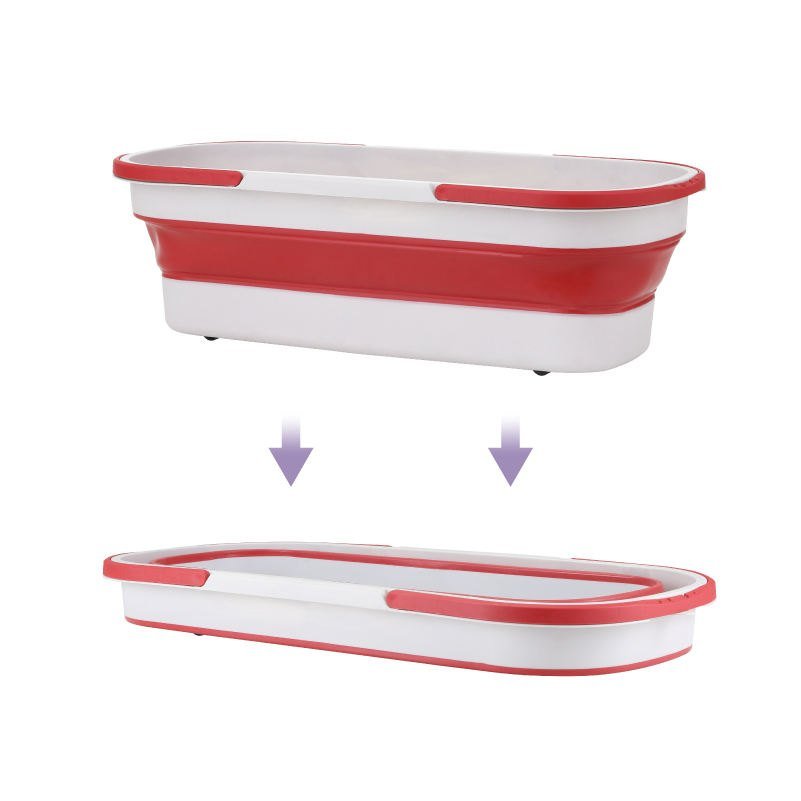 Red and white collapsible bucket shown open and folded down