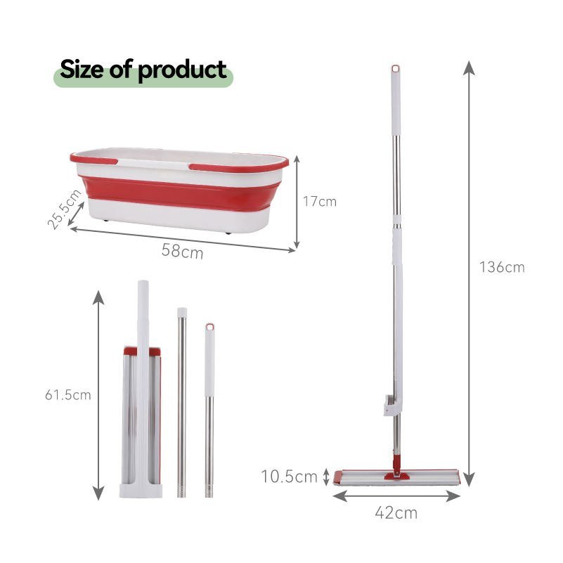 Size chart of the flat mop set: 136 cm mop, 42 × 10.5 cm head, 58 cm bucket