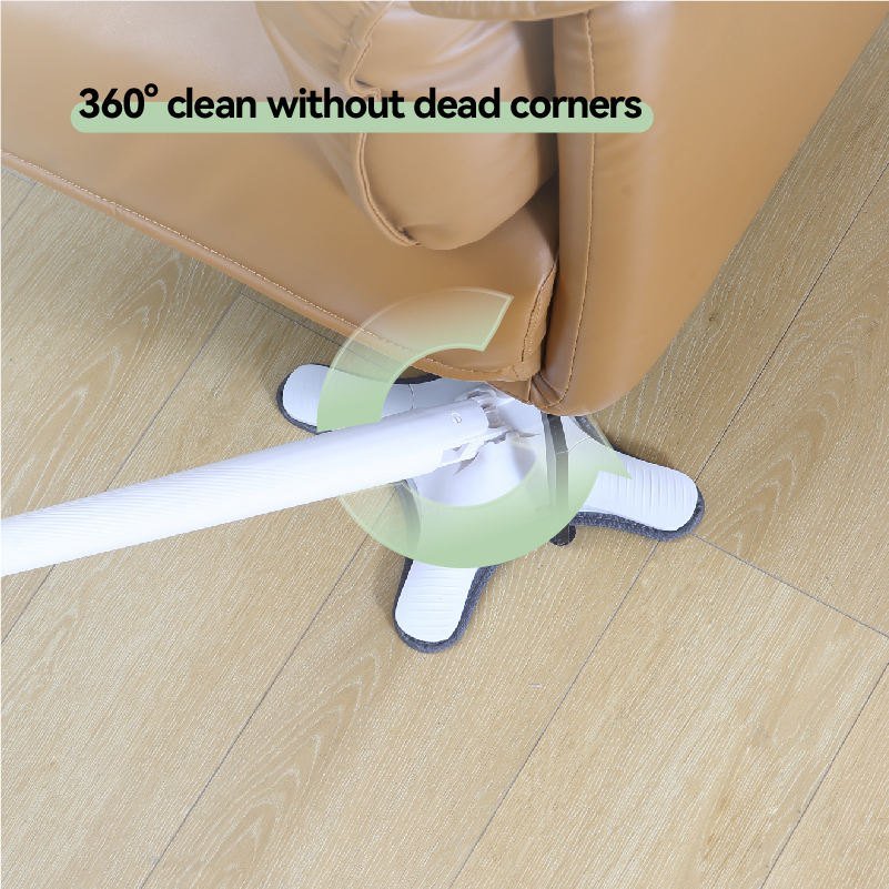 Star head mop turning 360 degrees around the leg of a tan leather sofa