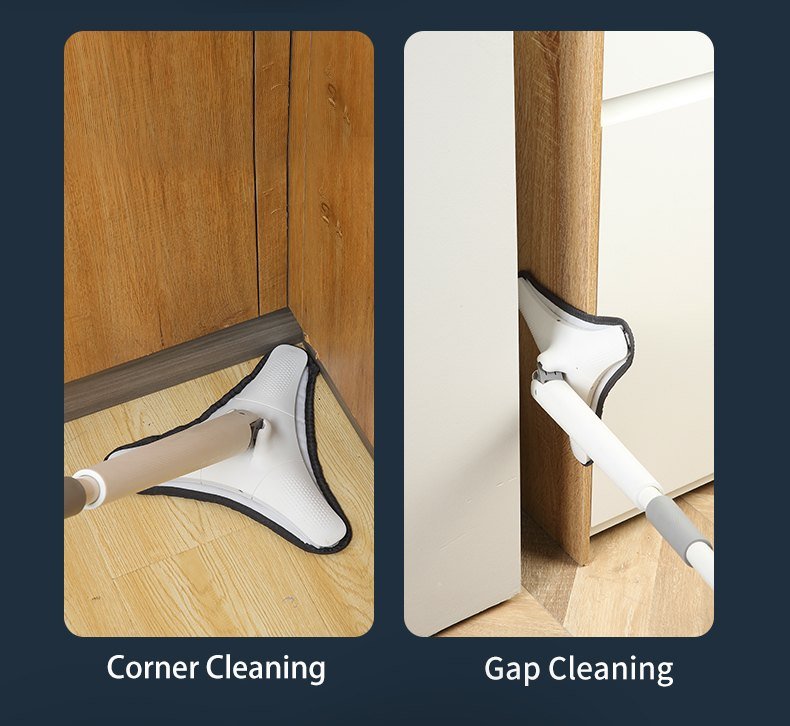 Triangle corner mop cleaning a floor corner and the gap beside a door
