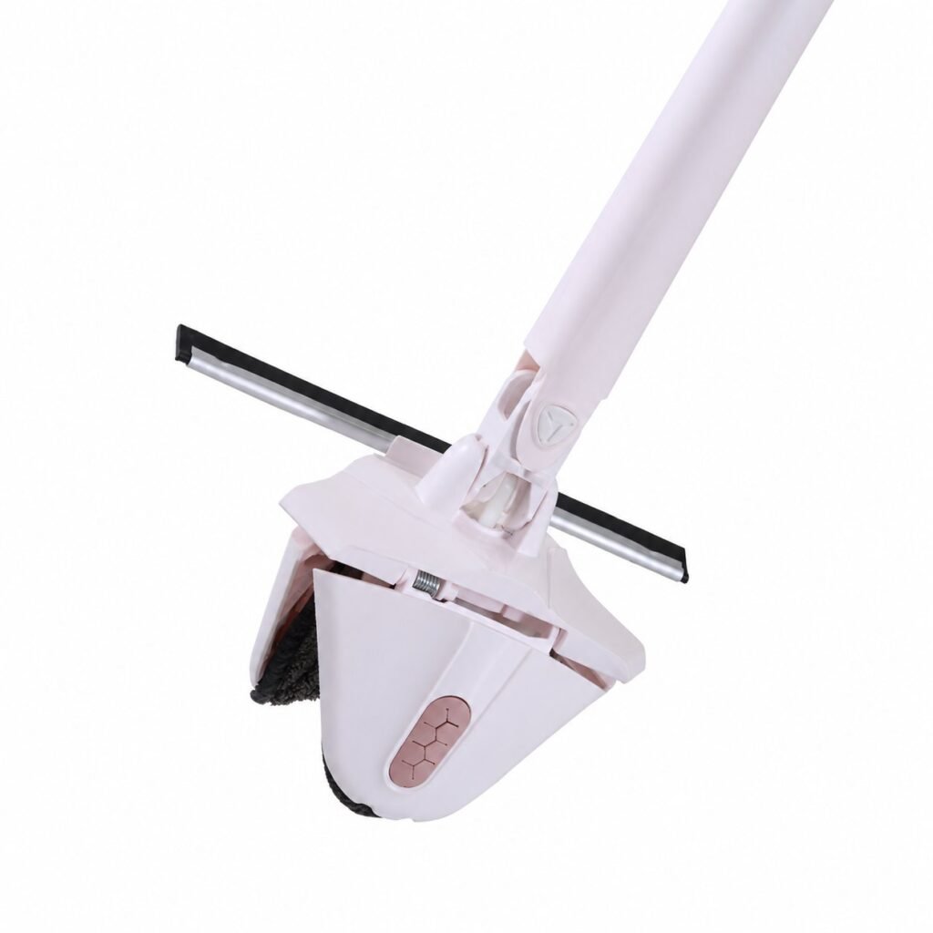 Triangle mop head folded on its spring hinge, squeezing the microfiber pad