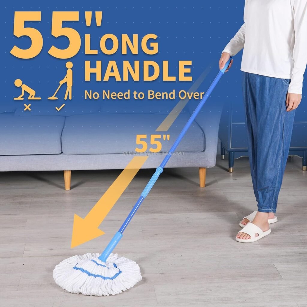 Person mopping upright with the twist mop's 55 inch long handle
