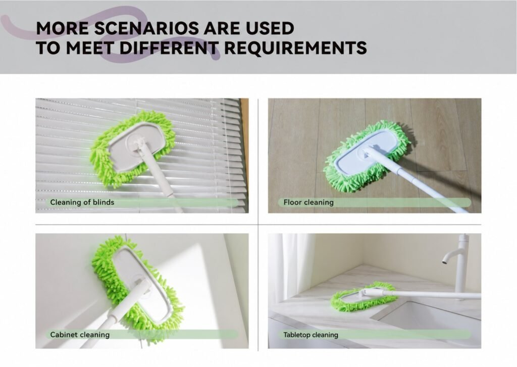 Flat dust mop cleaning window blinds, a floor, a cabinet front and a worktop