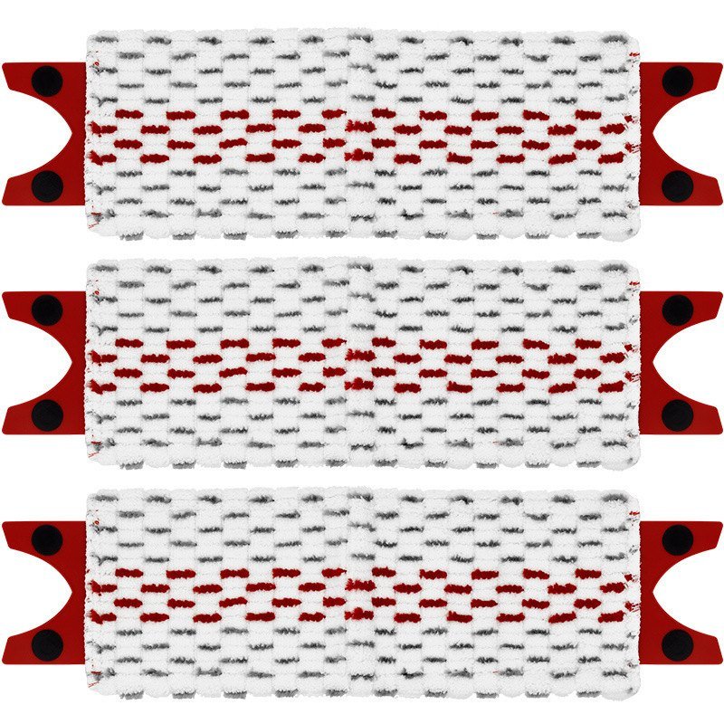 Three 46 cm snap-tab microfiber refill pads laid in a row, red tabs at both ends