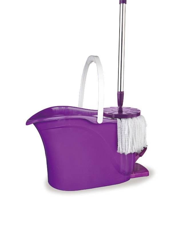 Purple oval spin mop bucket with the microfiber head resting in the spin basket