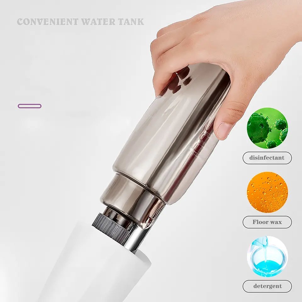 Hand screwing the smoked bottle into the white cradle of the spray mop