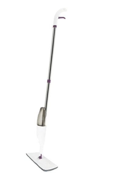 Stainless-pole spray mop with white handle, smoked bottle and purple trim on white