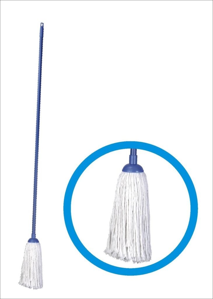 String mop on a blue handle, with an inset of the screw-in head