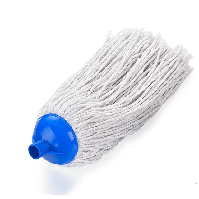 Blue threaded socket at the top of the white twisted yarn string mop head