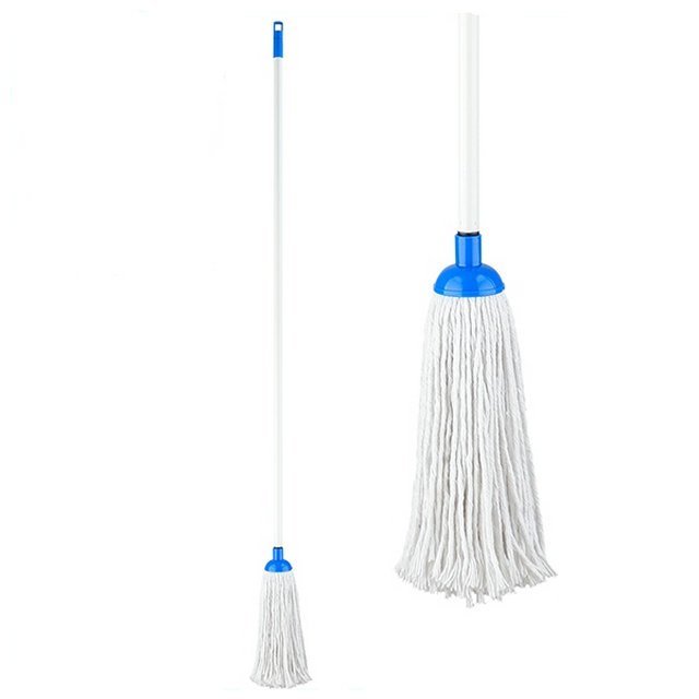String mop on a white handle, with a close-up of the blue cone and yarn strands