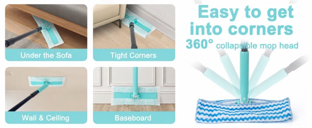 Sweeper mop under a sofa, in a corner, on a wall and along a skirting board