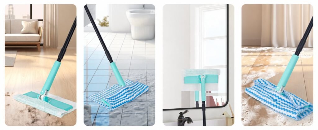 Sweeper mop used with a dry sheet on wood and a microfiber cloth on tiles