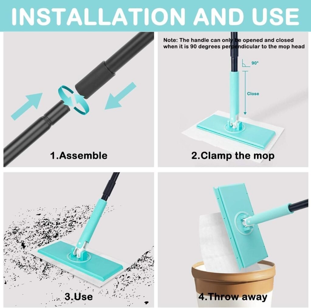 Four steps for the sweeper mop: assemble the pole, clamp the sheet, sweep, throw it away