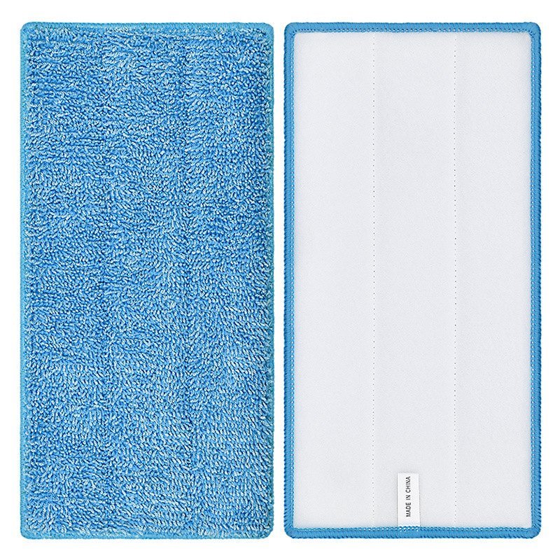 Blue microfiber spray mop pad beside its white hook-and-loop backing