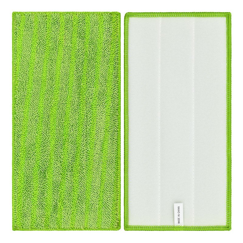 Green microfiber spray mop pad beside its white hook-and-loop backing