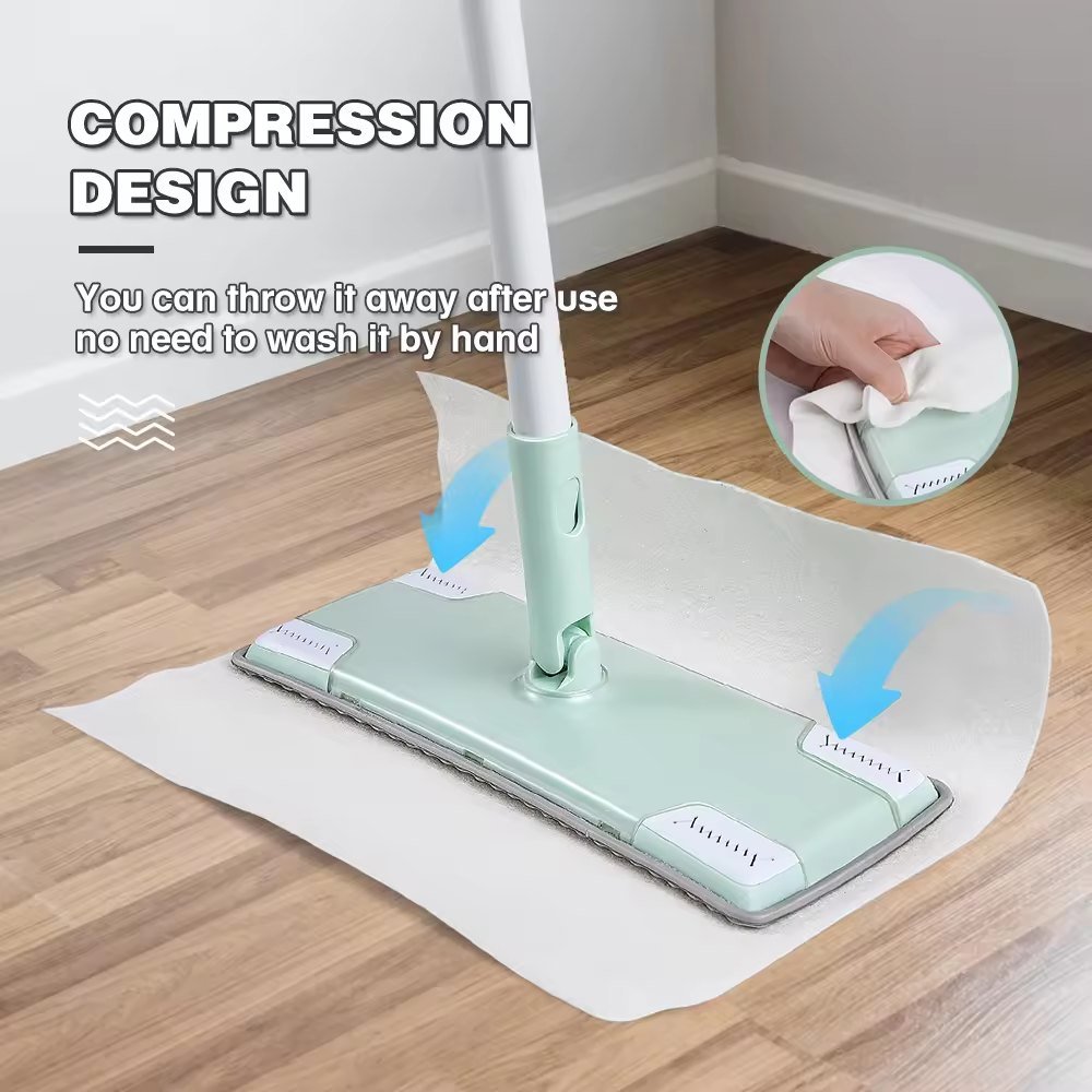 Pressing a disposable wipe into the corner grips of the mint flat mop head