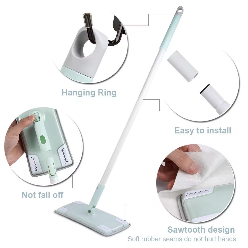 Flat mop close-ups: hanging ring, push-fit pole joint, head lock and sawtooth grip