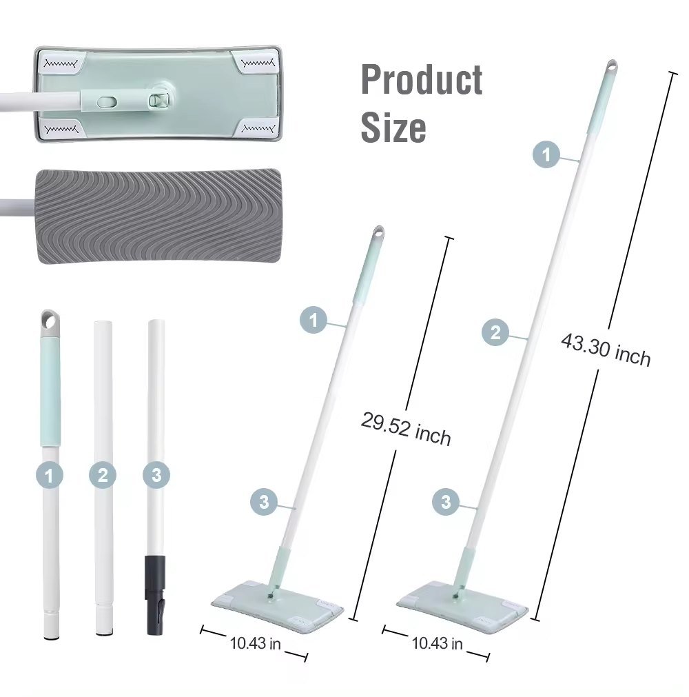 Flat mop parts and sizes: 26.5 cm head, three pole sections, 75 or 110 cm