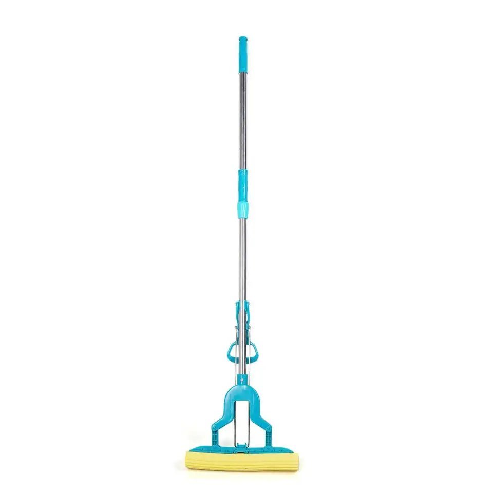 Turquoise PVA sponge mop with its telescopic steel pole run out to full length
