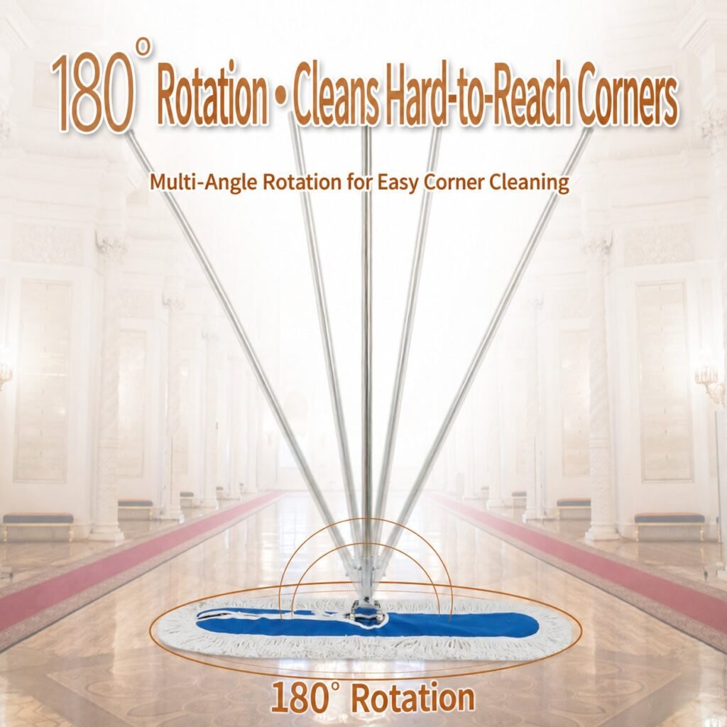 Dust mop handle shown swinging through 180 degrees over the cotton head