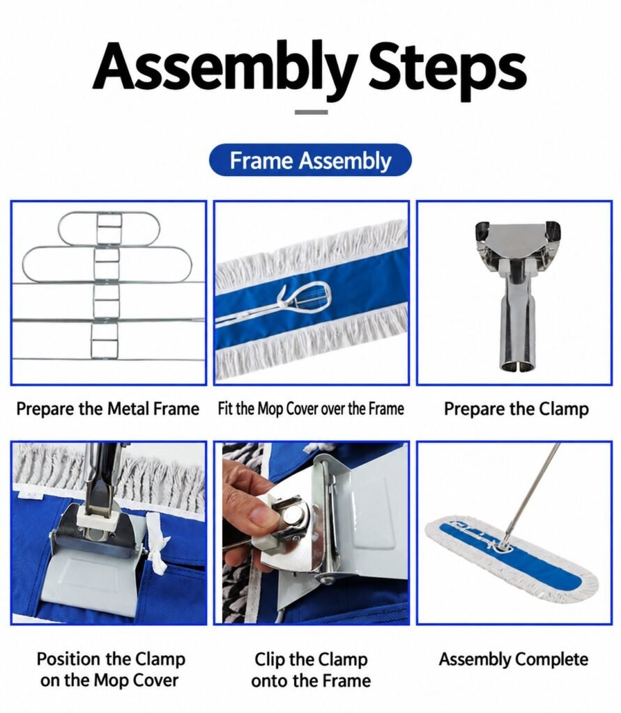 Six assembly steps for the dust mop: frame, cover, clamp and finished mop