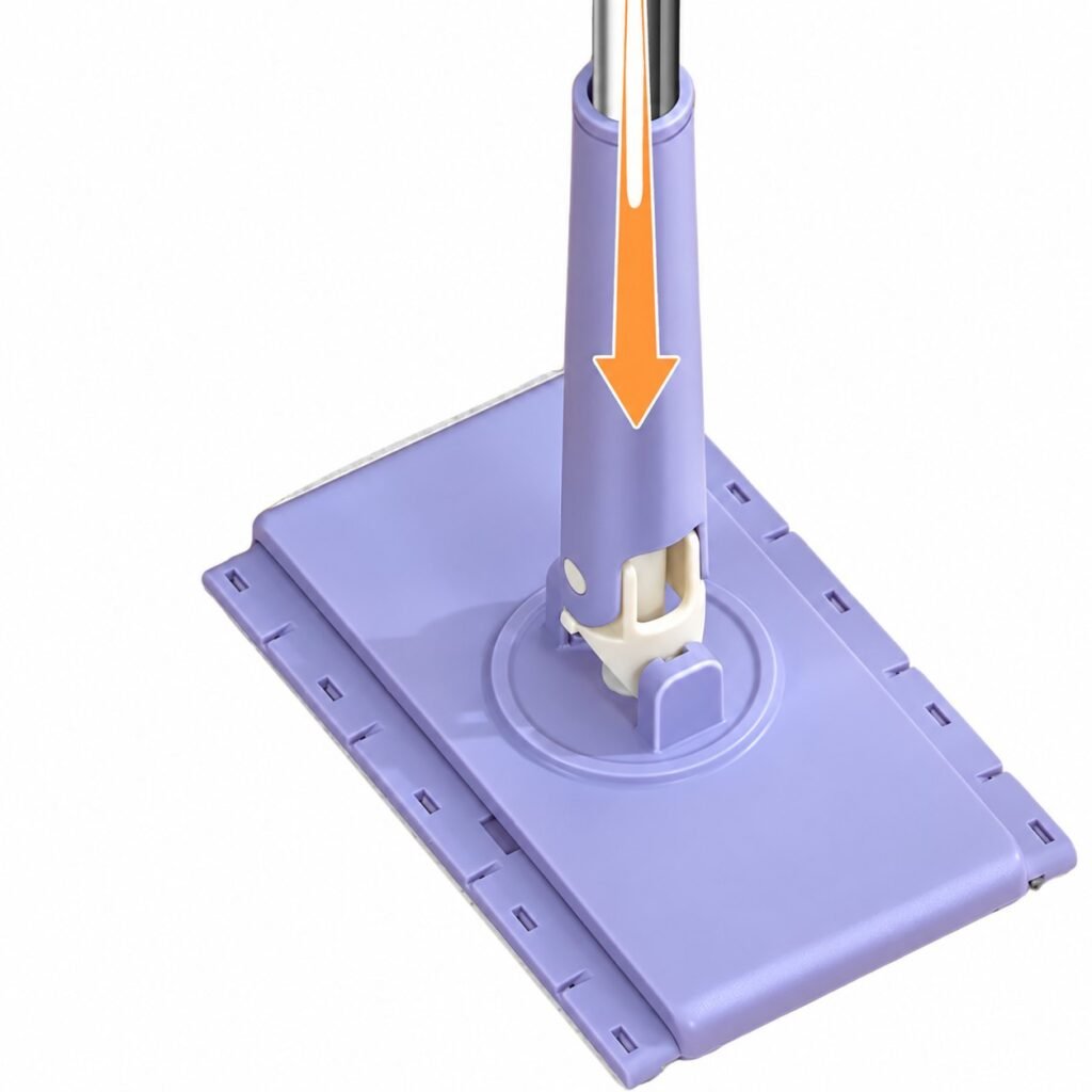 Lavender sleeve pushed down over the joint to clamp a towel on the mop head