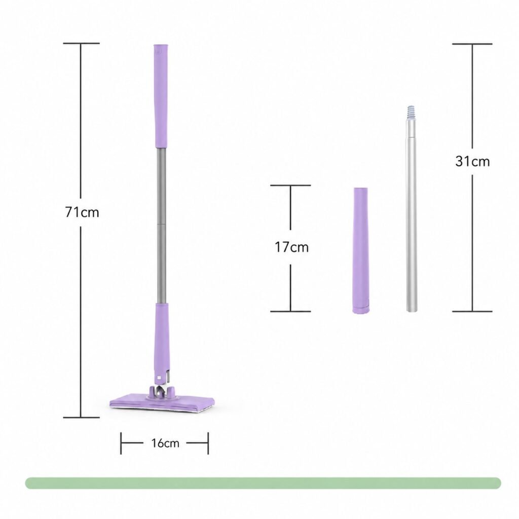Size chart of the mini towel mop: 71 cm long, 16 cm head, 31 cm and 17 cm parts