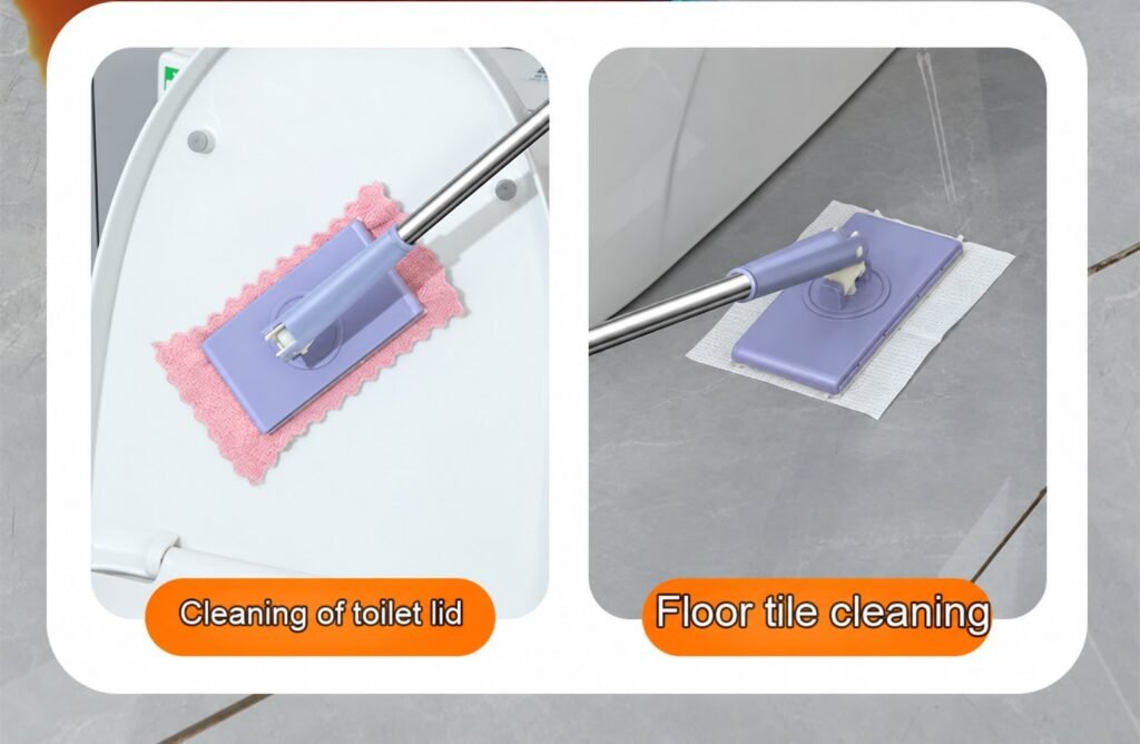 Toothed-clamp towel mop cleaning a toilet lid and a bathroom floor tile
