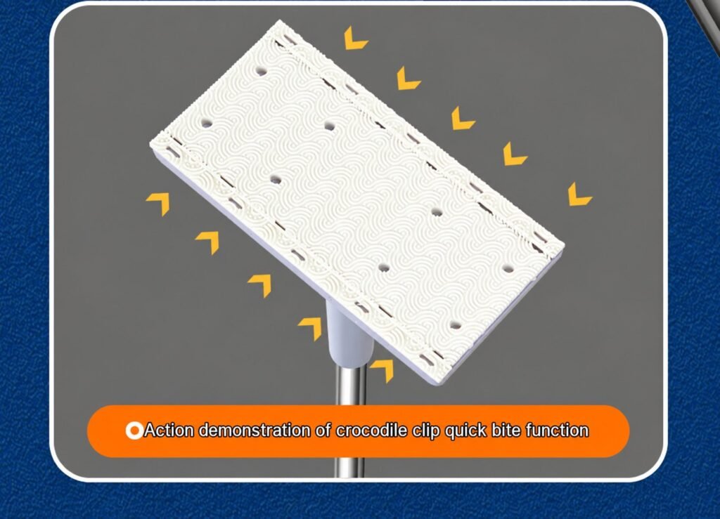 Toothed edges and wave-pattern base plate of the clamp mop head, shown from below