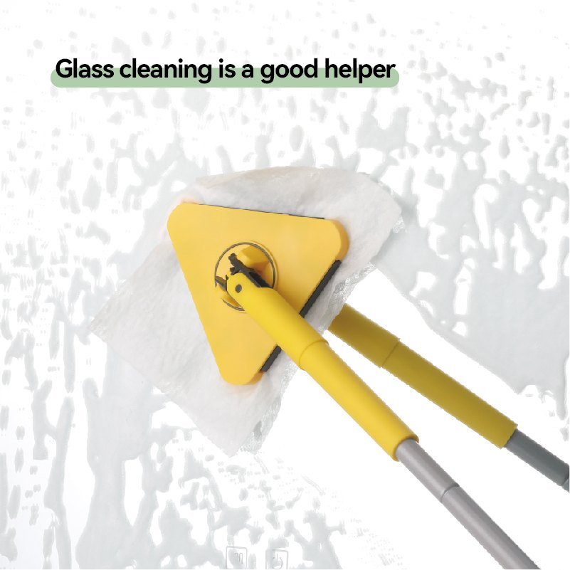 Yellow triangle clip mop wiping soapy water off a glass screen with a white wipe
