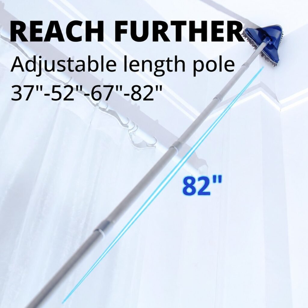 Triangle wall mop on its pole extended to 82 inches, cleaning the top of a wall