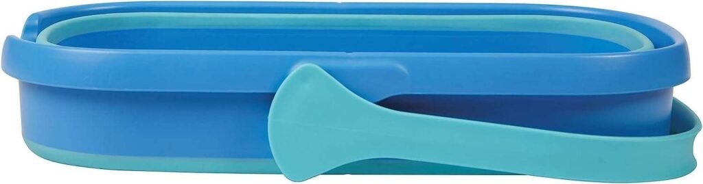 Collapsible mop bucket folded down flat with its turquoise carry handle