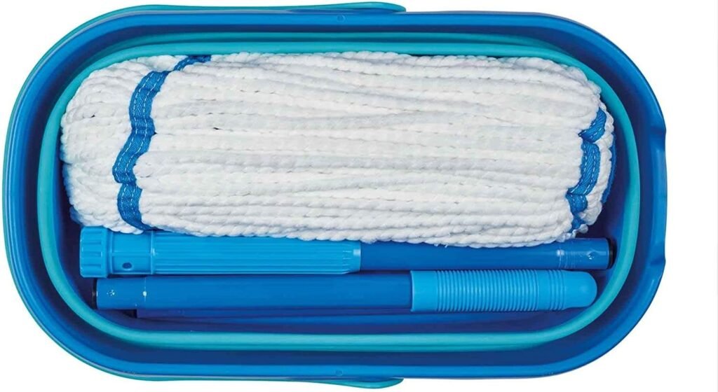 Twist mop head and pole sections packed inside the folded collapsible bucket