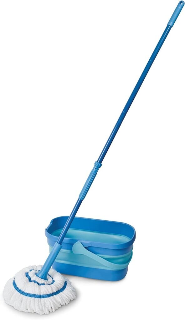 Twist mop and collapsible bucket set shown together from a high angle on white
