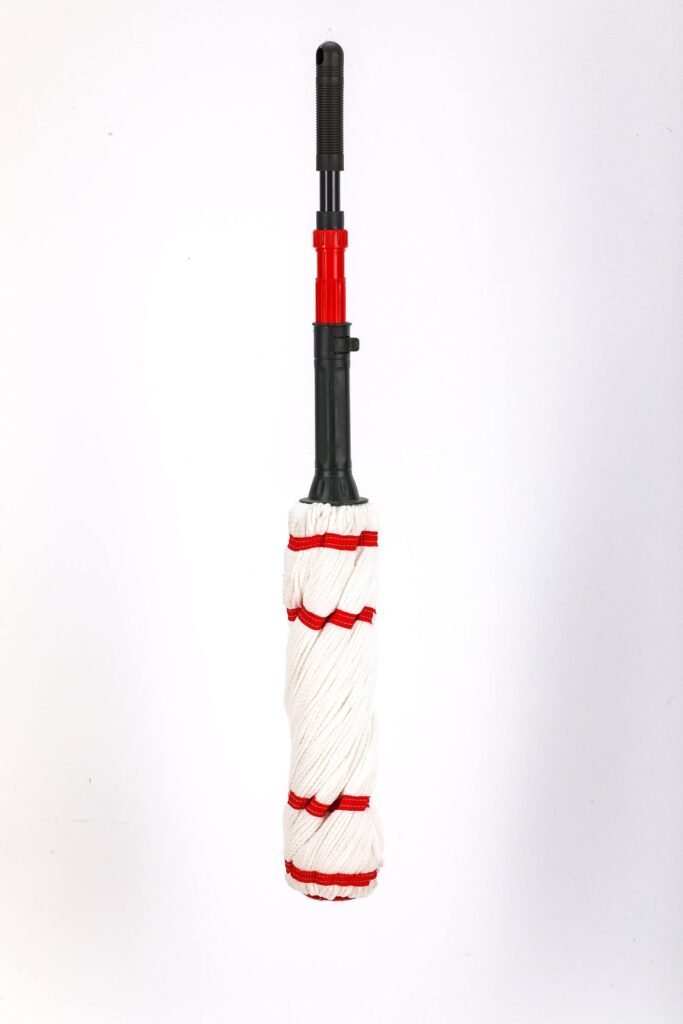 Red and black version of the twist strip mop with white strands wound tight