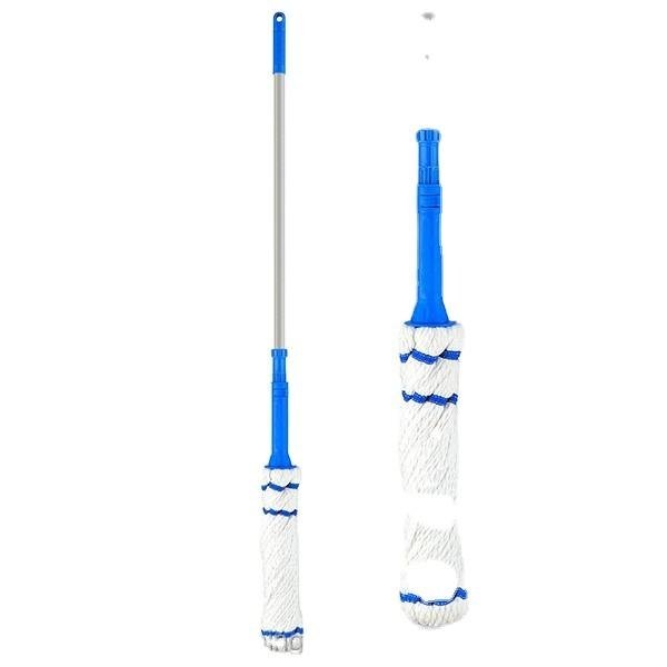 Twist strip mop shown beside its spare microfiber head with blue socket