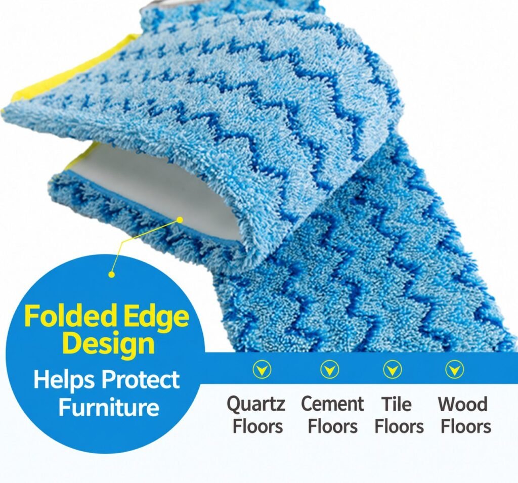 Folded pile edge of the twisted microfiber pad, for quartz, cement, tile and wood floors