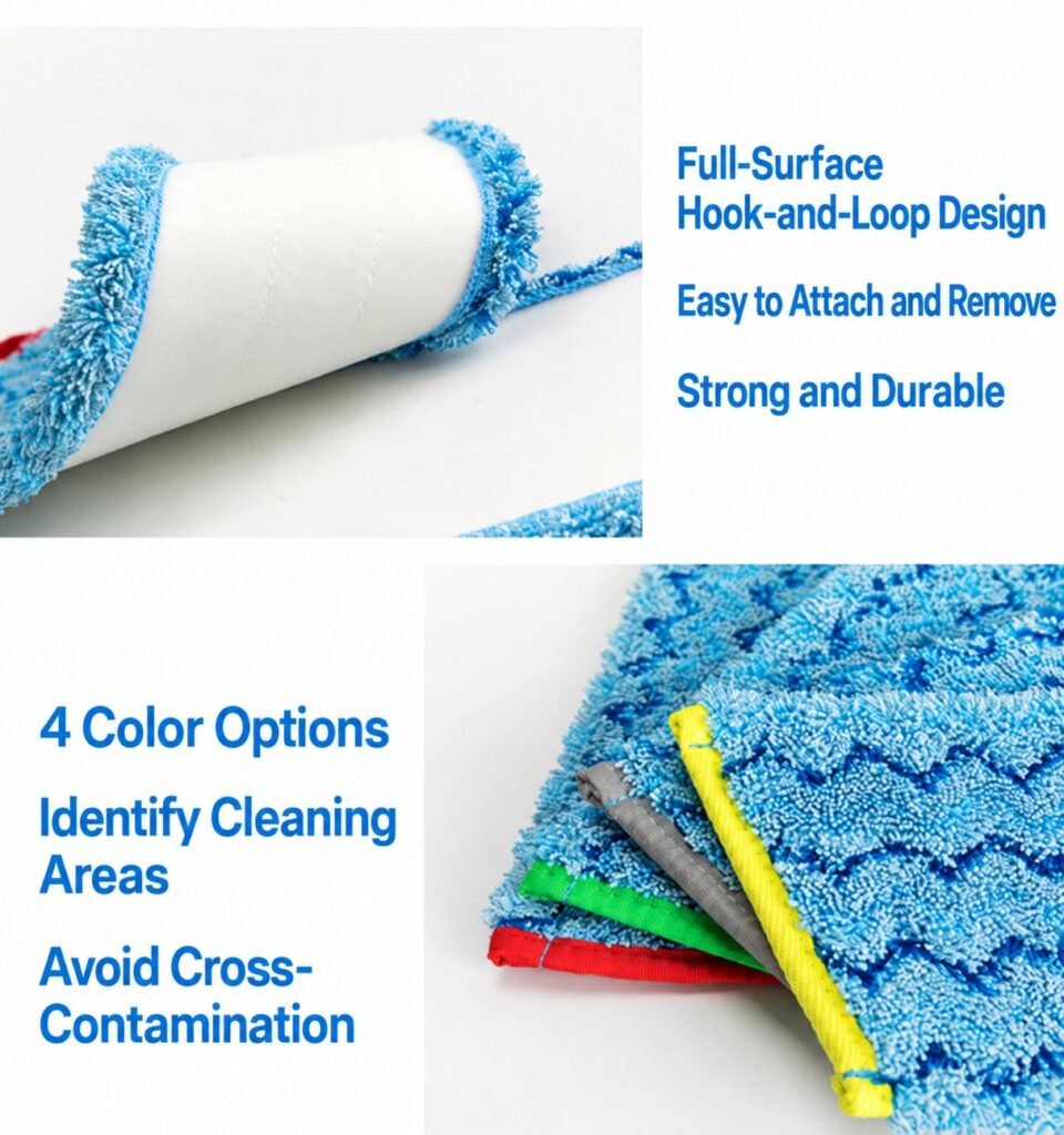 Hook-and-loop back of the microfiber pad and its four edge colours for area coding