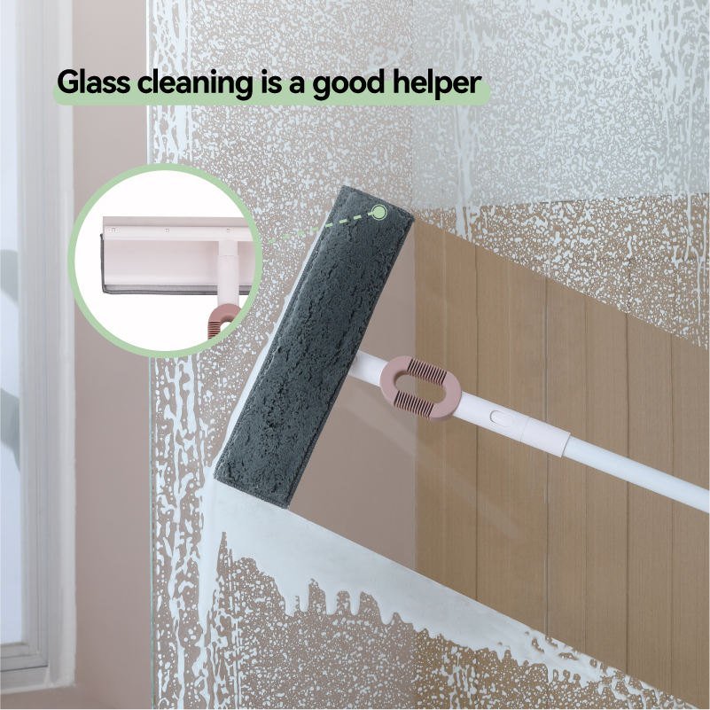 Wall and window mop wiping soapy glass, with an inset of the squeegee edge