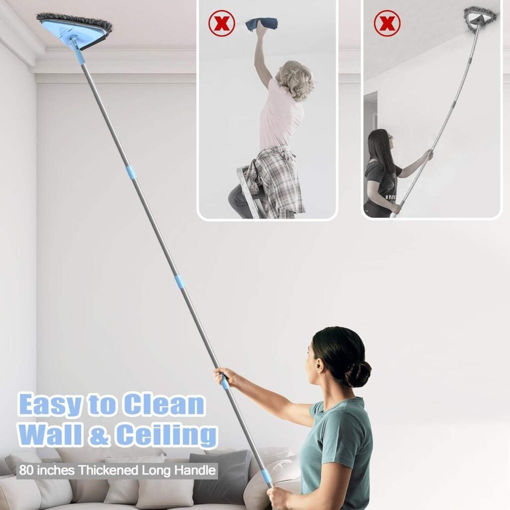 Woman cleaning a ceiling from the floor with the 202 cm triangle wall mop