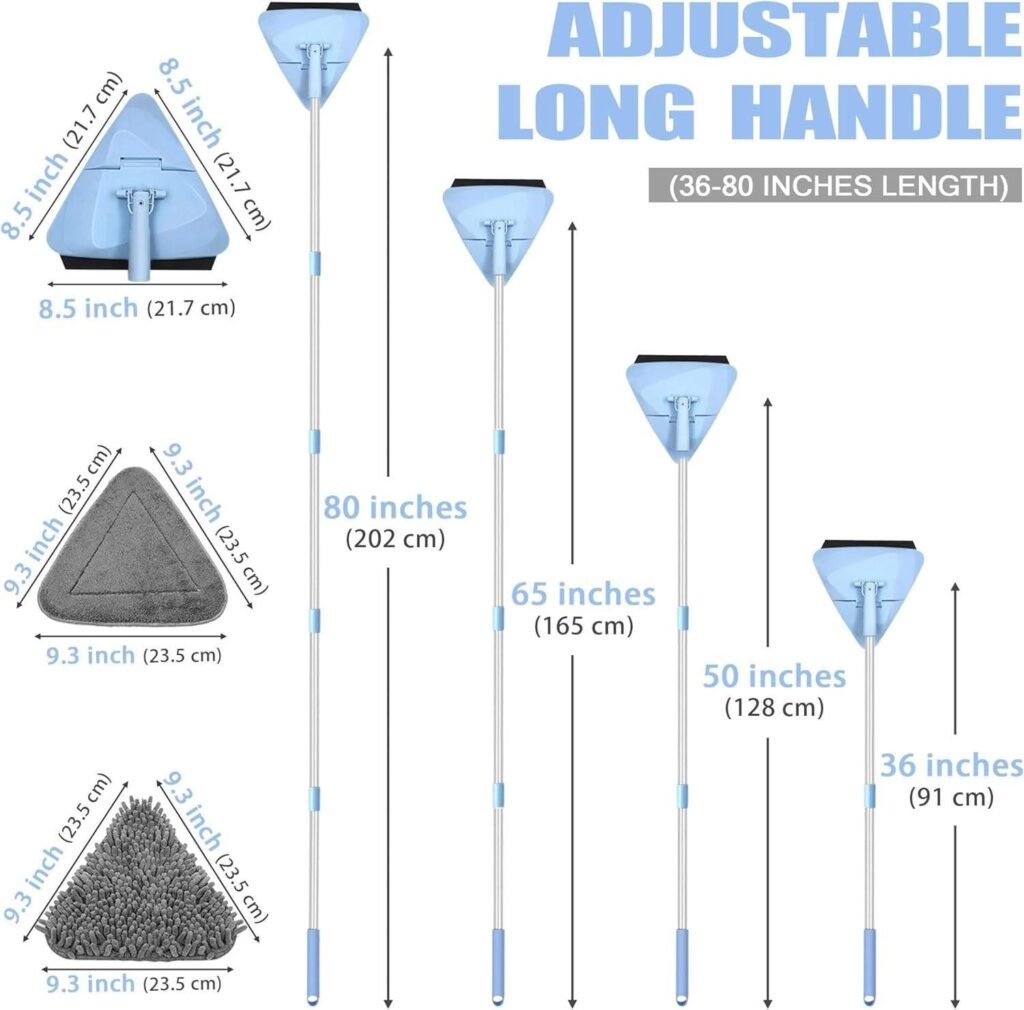 Size chart of the triangle wall mop: 21.7 cm head, 23.5 cm pads, 91–202 cm pole