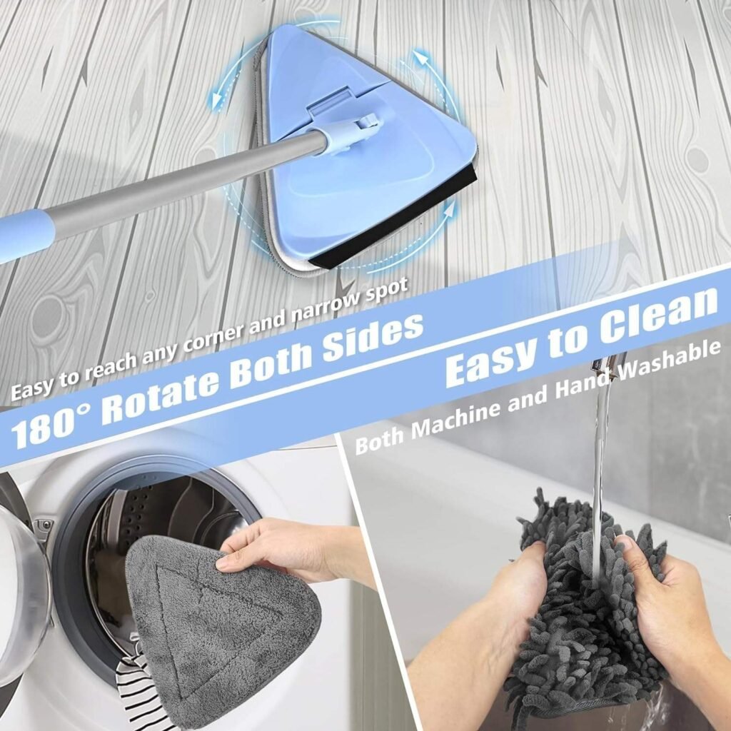 Triangle wall mop head turning 180° on a floor, with pads being washed