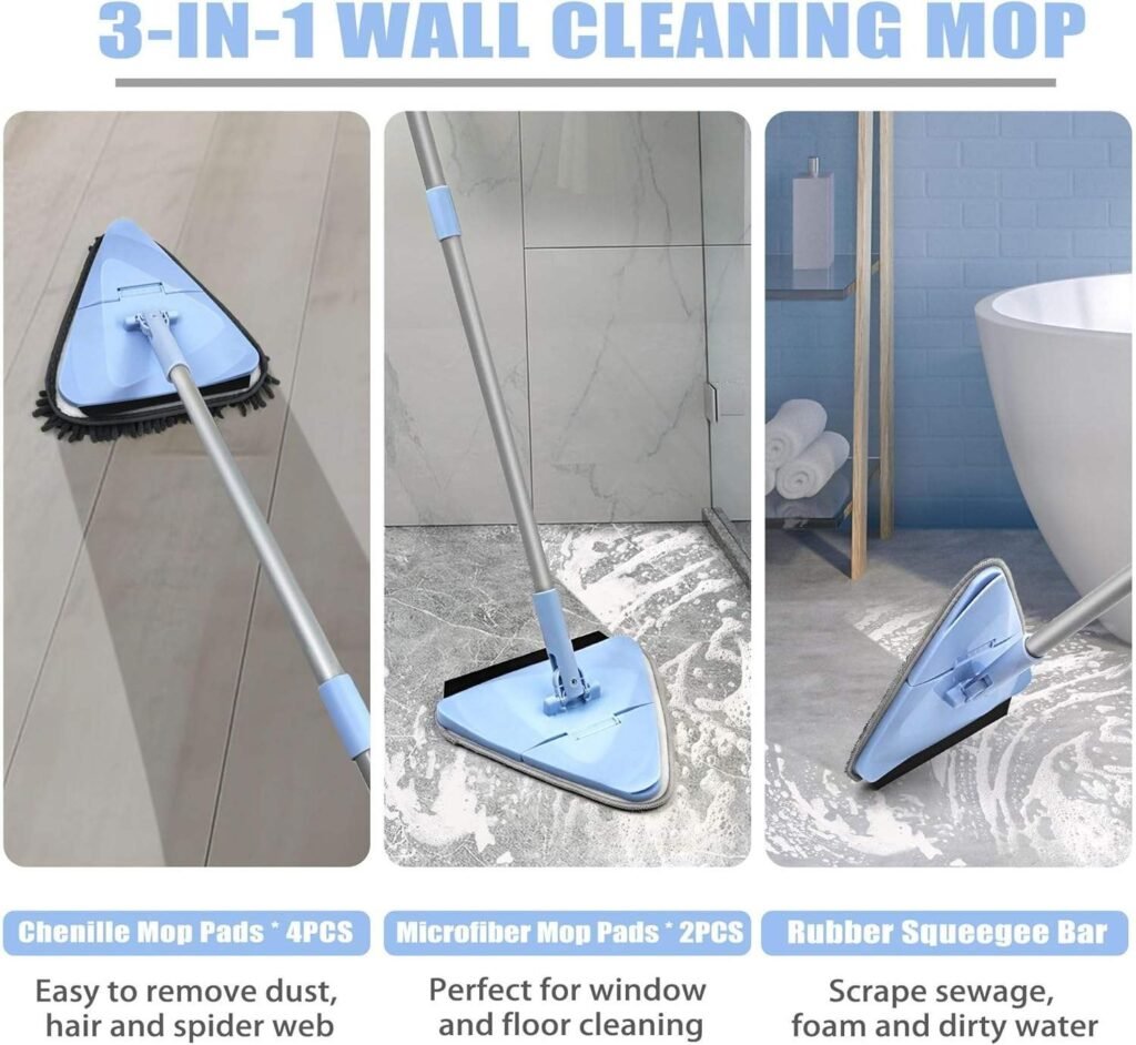 Blue triangle wall mop dusting a floor, washing tiles and squeegeeing a shower floor