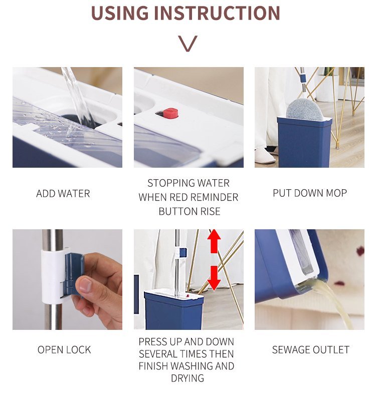 Six steps for the vertical spin mop: add water, red button, insert, unlock, press, drain