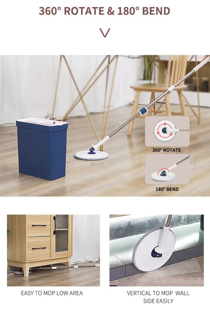 Vertical spin mop disc turning 360° and bending 180° to reach under furniture and skirting