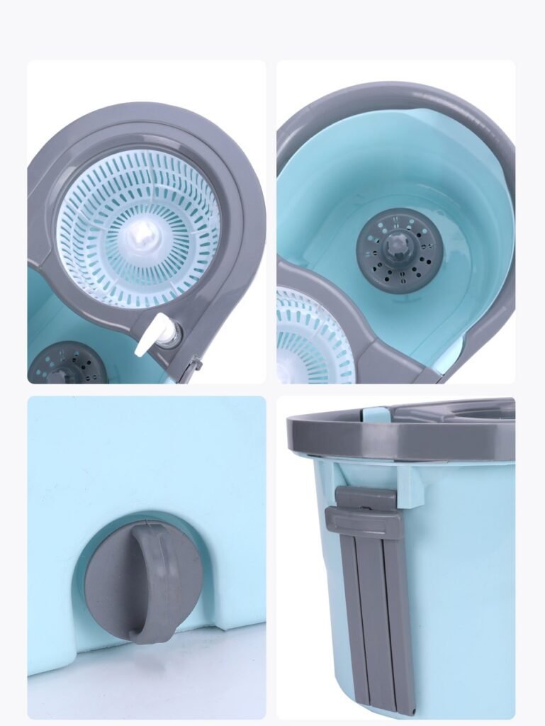 Close-ups of the spin bucket: plastic basket, wash-side plate, drain plug and pole clip