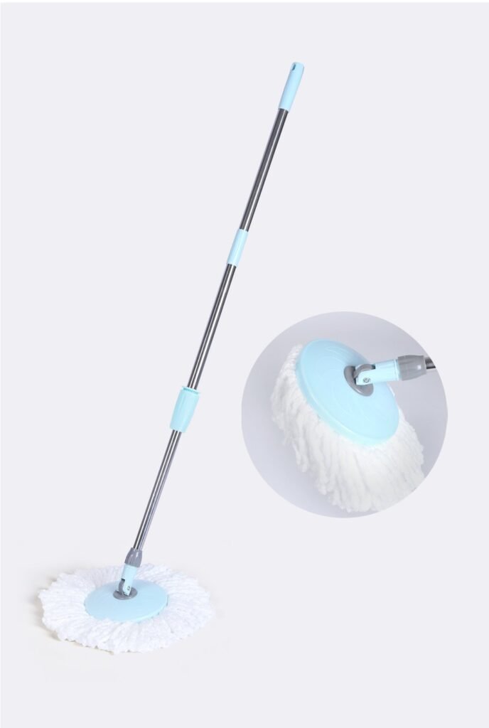Stainless steel spin mop pole with round microfiber head and a close-up of the swivel joint