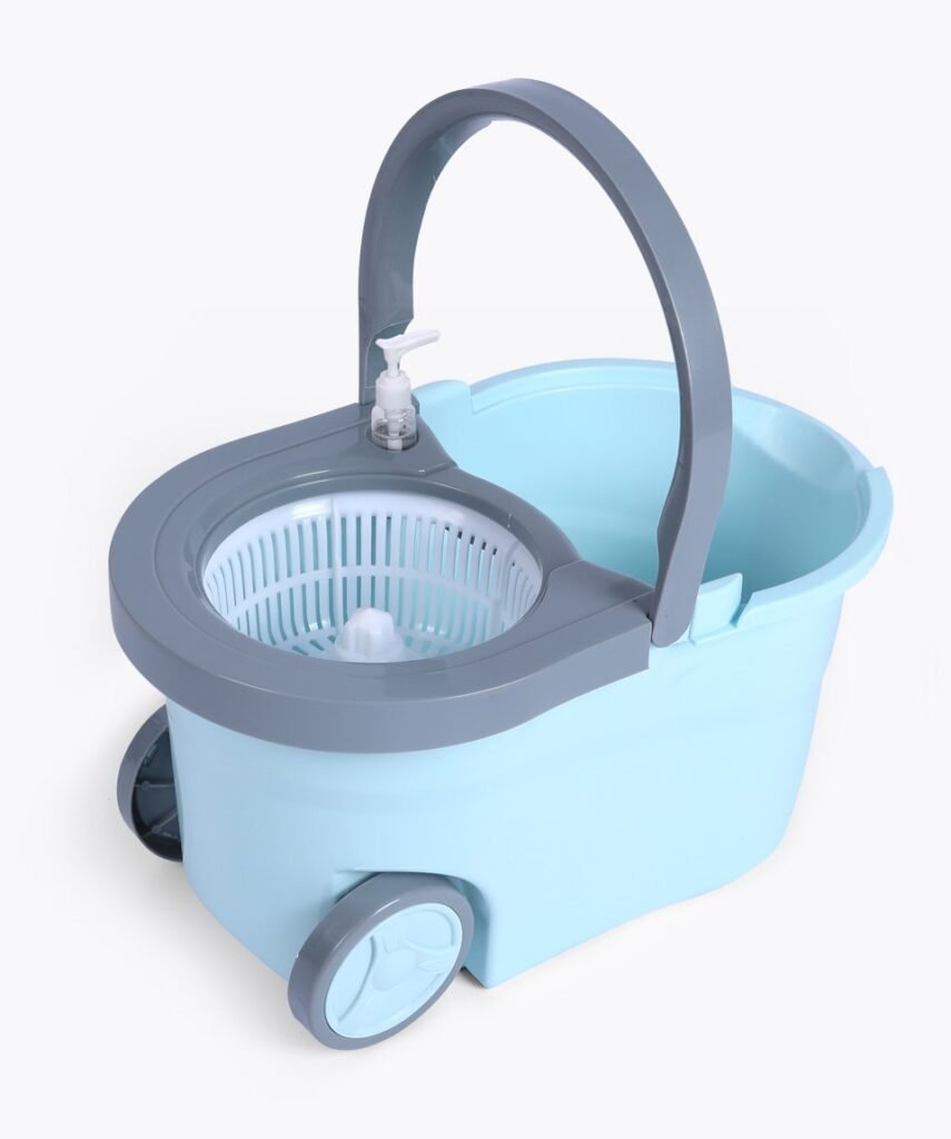 Light blue double-spin mop bucket with grey handle and two rear wheels