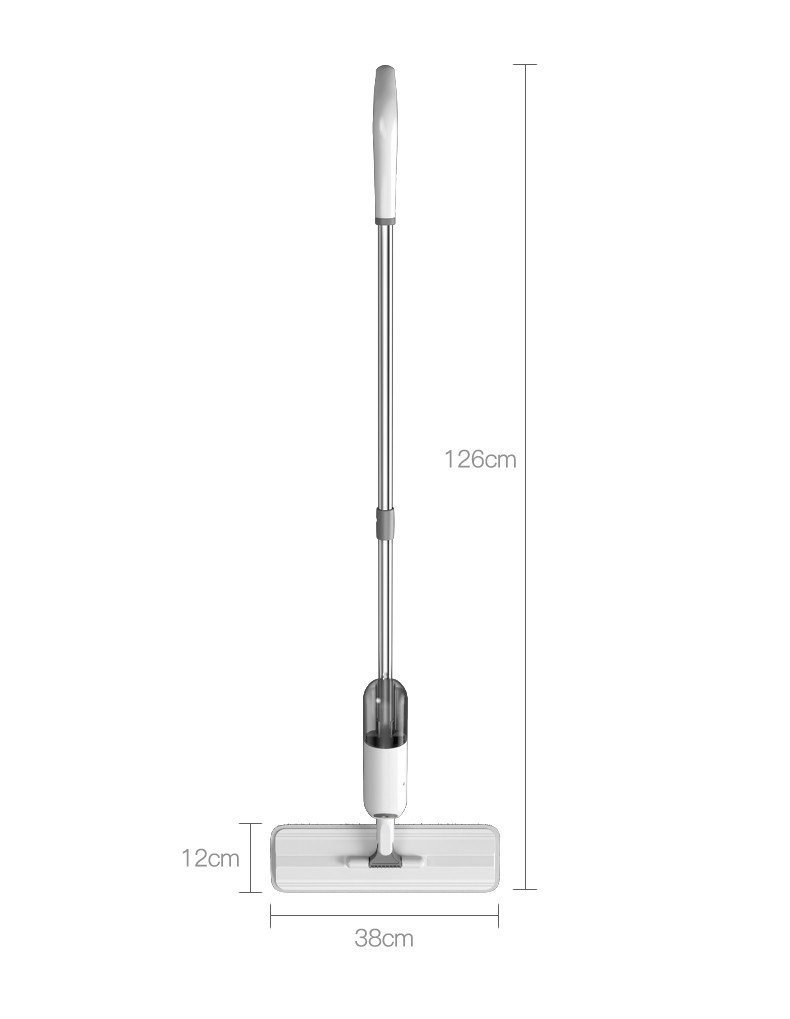 Front view of the white spray mop with 126 cm height and 38 cm head marked